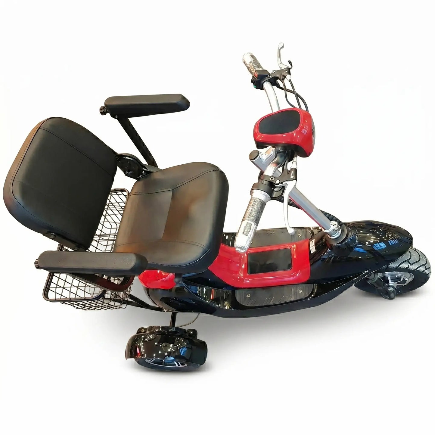 Vedere de sus a tricicletei electrice model 350 Lux, arătând ghidonul confortabil și spațiul generos de șezut.