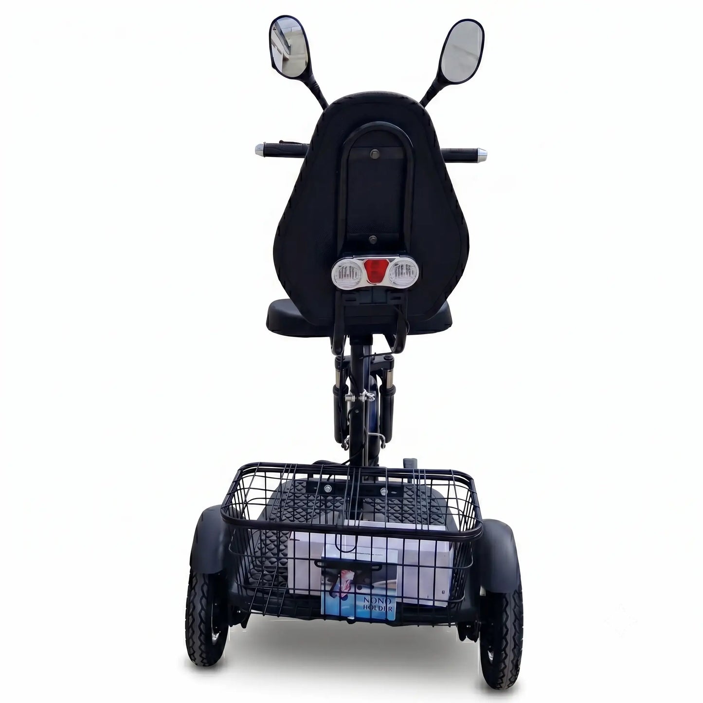 Spatele tricicletei electrice de 500W, cu coș metalic încăpător pentru cumpărături și spătar confortabil.