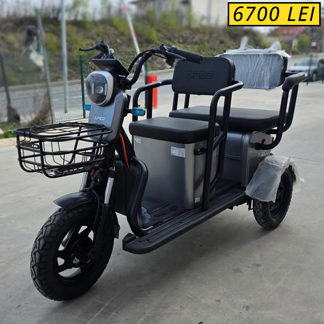 Tricicletă Electrică Grande cu 2 Banchete, Fără Permis, 1000W 60V20AH GRI- Omologată Rutier