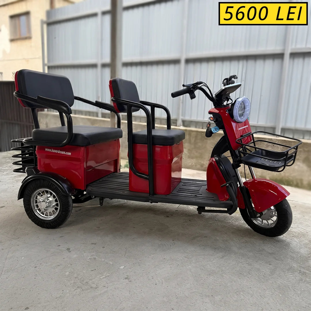 Tricicletă Electrică LONG 2 Banchete Mari Rabatabile, 1200W, 60V32AH - Agrement - Roșie