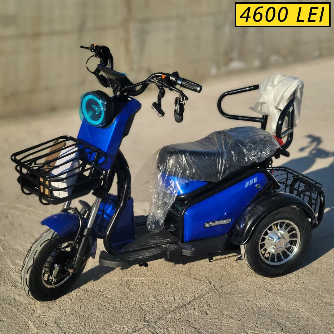 Tricicletă Electrică cu Șa Dublă, Fără Permis, 650W 60V20AH - Agrement - Albastră