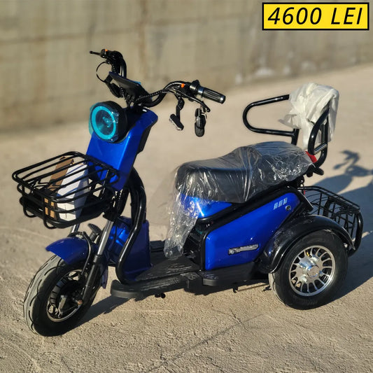 Tricicletă Electrică cu Șa Dublă, Fără Permis, 650W 60V20AH - Agrement - Albastră