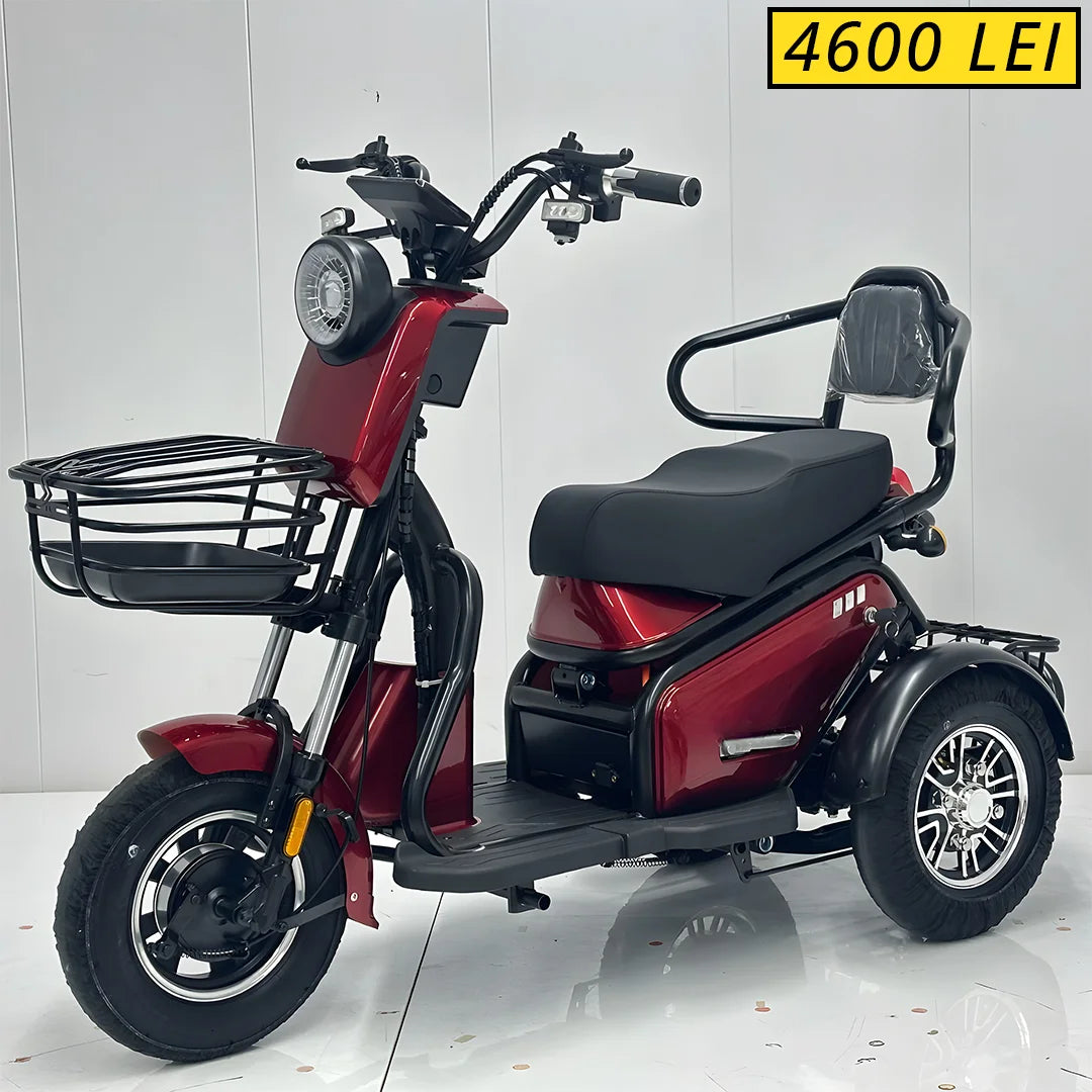 Tricicletă Electrică cu Șa Dublă, Fără Permis, 650W 60V20AH - Agrement - Roșie