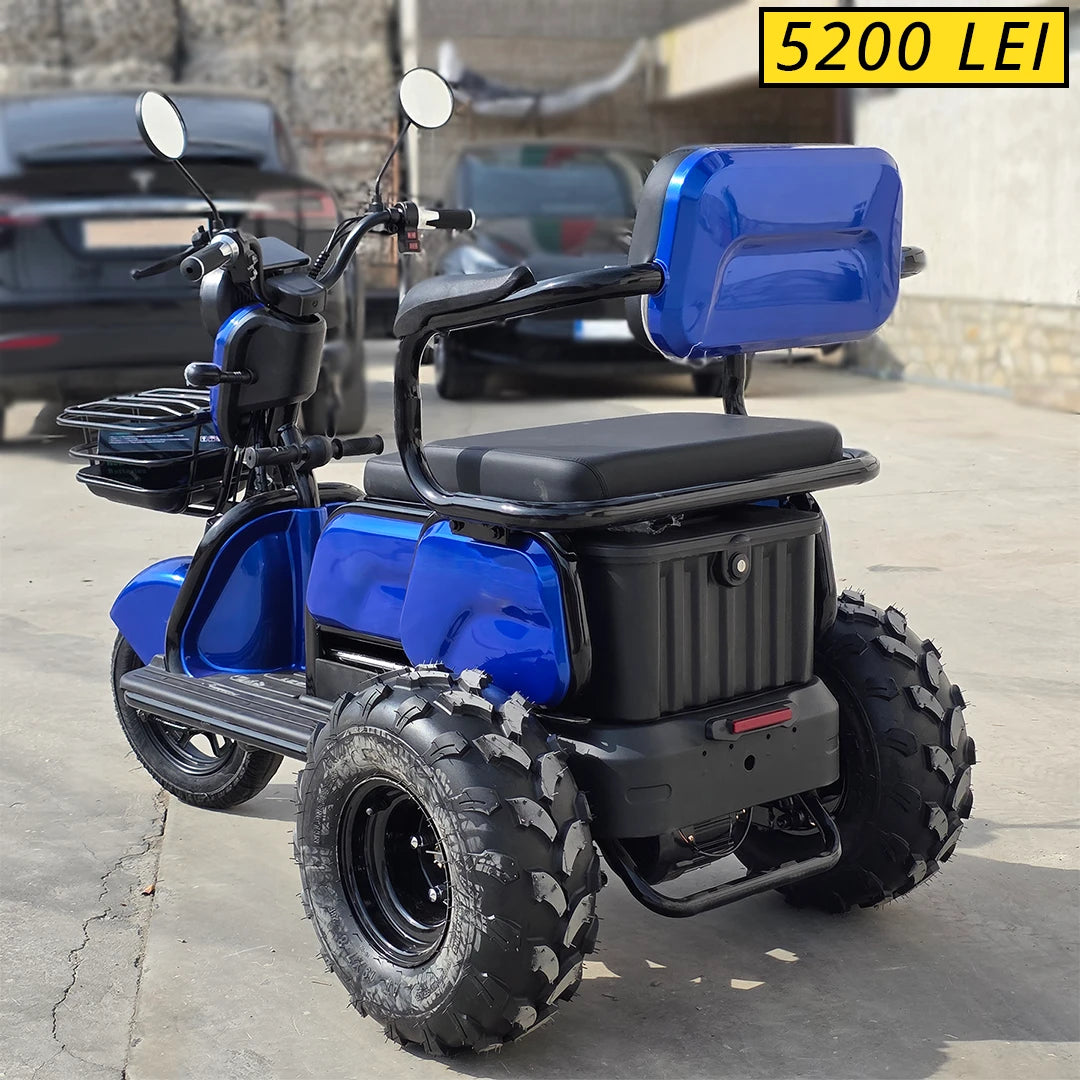 Tricicletă Electrică OFFROAD cu 3 scaune reglabile (1-3 locuri), Fără Permis, 800W 60V20AH - ALBASTRĂ