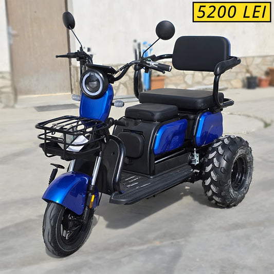 Tricicletă Electrică OFFROAD cu 3 scaune reglabile (1-3 locuri), Fără Permis, 800W 60V20AH - ALBASTRĂ