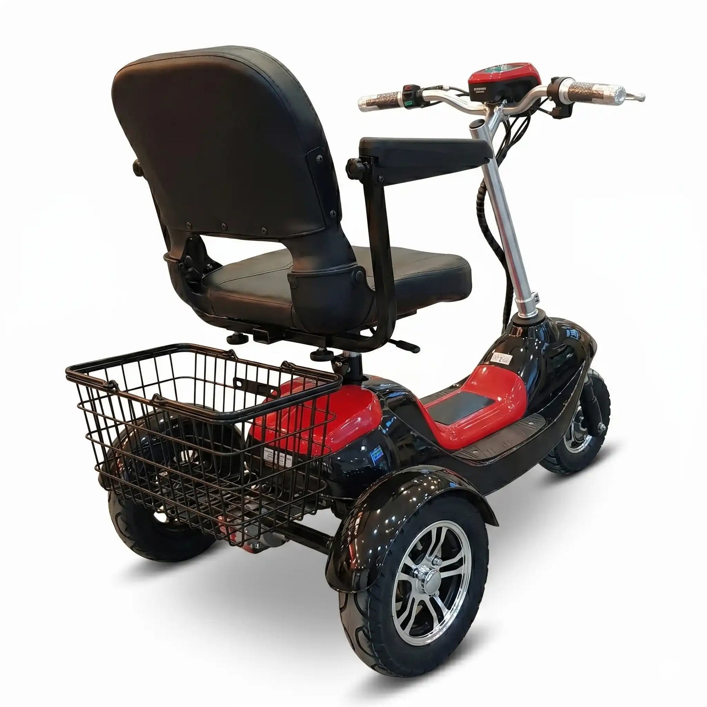 Partea din spate a tricicletei electrice model 350 Lux, cu coș metalic și sistem de semnalizare.