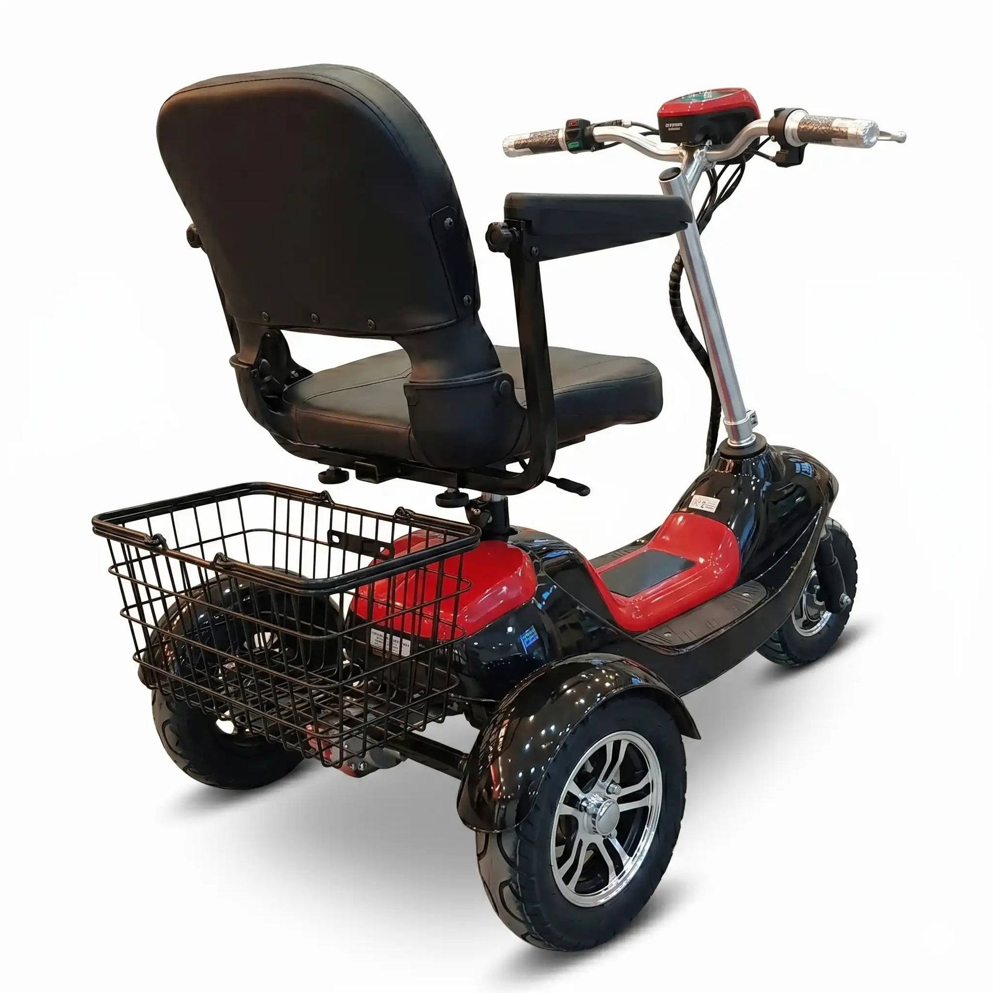 Partea din spate a tricicletei electrice model 350 Lux, cu coș metalic și sistem de semnalizare.