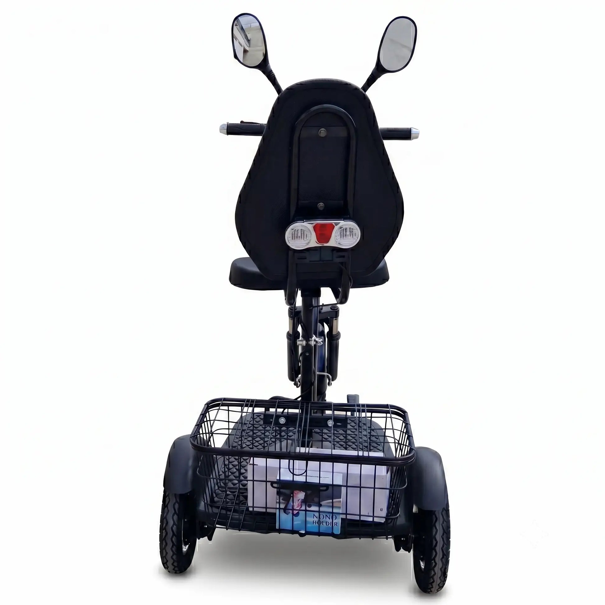 Spatele tricicletei electrice de 500W, cu coș metalic încăpător pentru cumpărături și spătar confortabil.