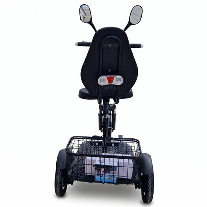 Spatele tricicletei electrice de 500W, cu coș metalic încăpător pentru cumpărături și spătar confortabil.