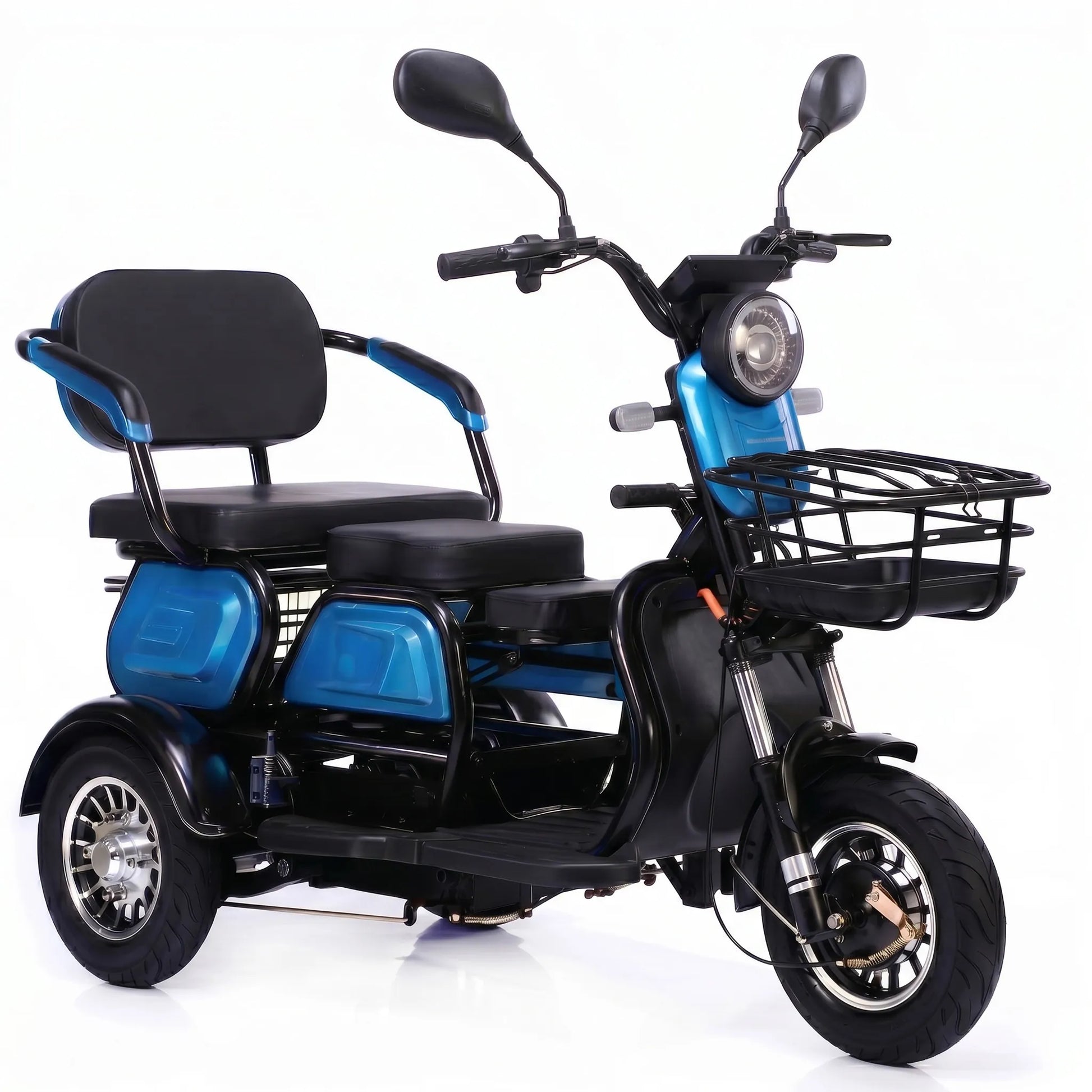 Tricicletă electrică de agrement, culoare albastră, vedere oblică, model fără permis.
