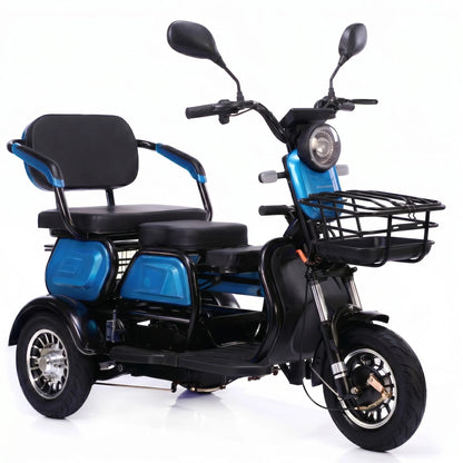 Tricicletă electrică de agrement, culoare albastră, vedere oblică, model fără permis.
