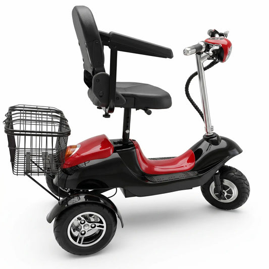 Profilul tricicletei electrice model 350 Lux, evidențiind scaunul cu spătar și mânerele rabatabile.