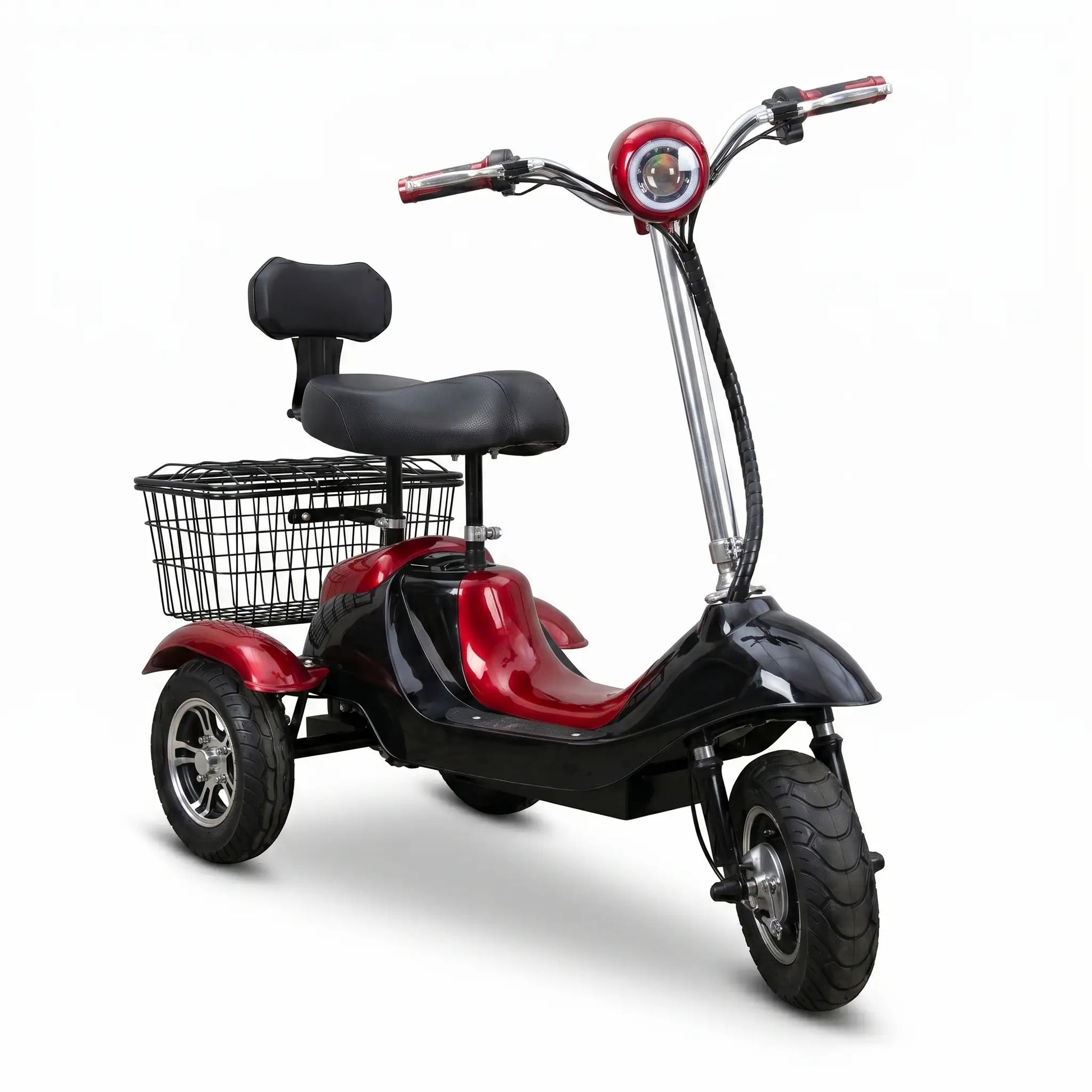 Vedere frontală a tricicletei electrice model 350, cu far puternic și design modern pentru siguranță sporită.
