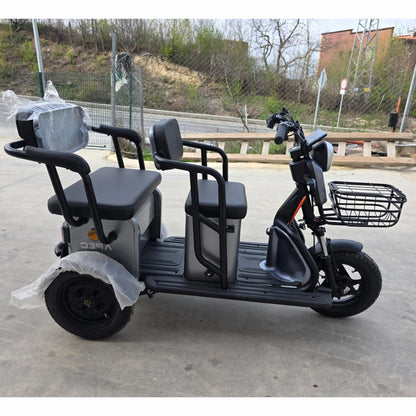 Profil exterior tricicletă electrică Grande gri, baterie 60V20Ah și 2 banchete fixe.