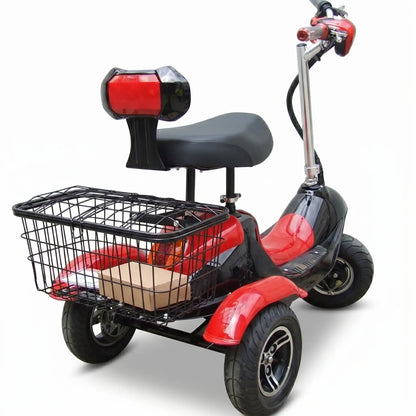 Partea din spate a tricicletei electrice model 350, echipată cu lumini de semnalizare clare și spațiu de depozitare.