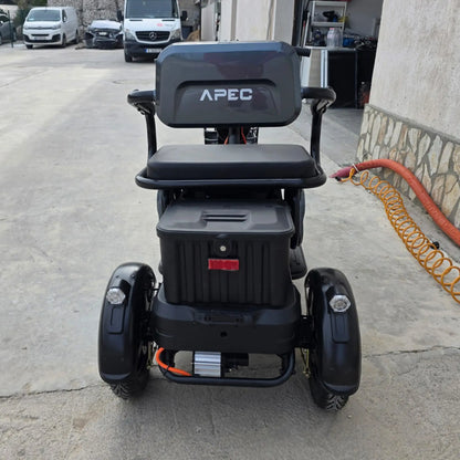 Vedere din spate tricicletă electrică model sport, culoare gri anatrcit echipata cu coș de depozitare.