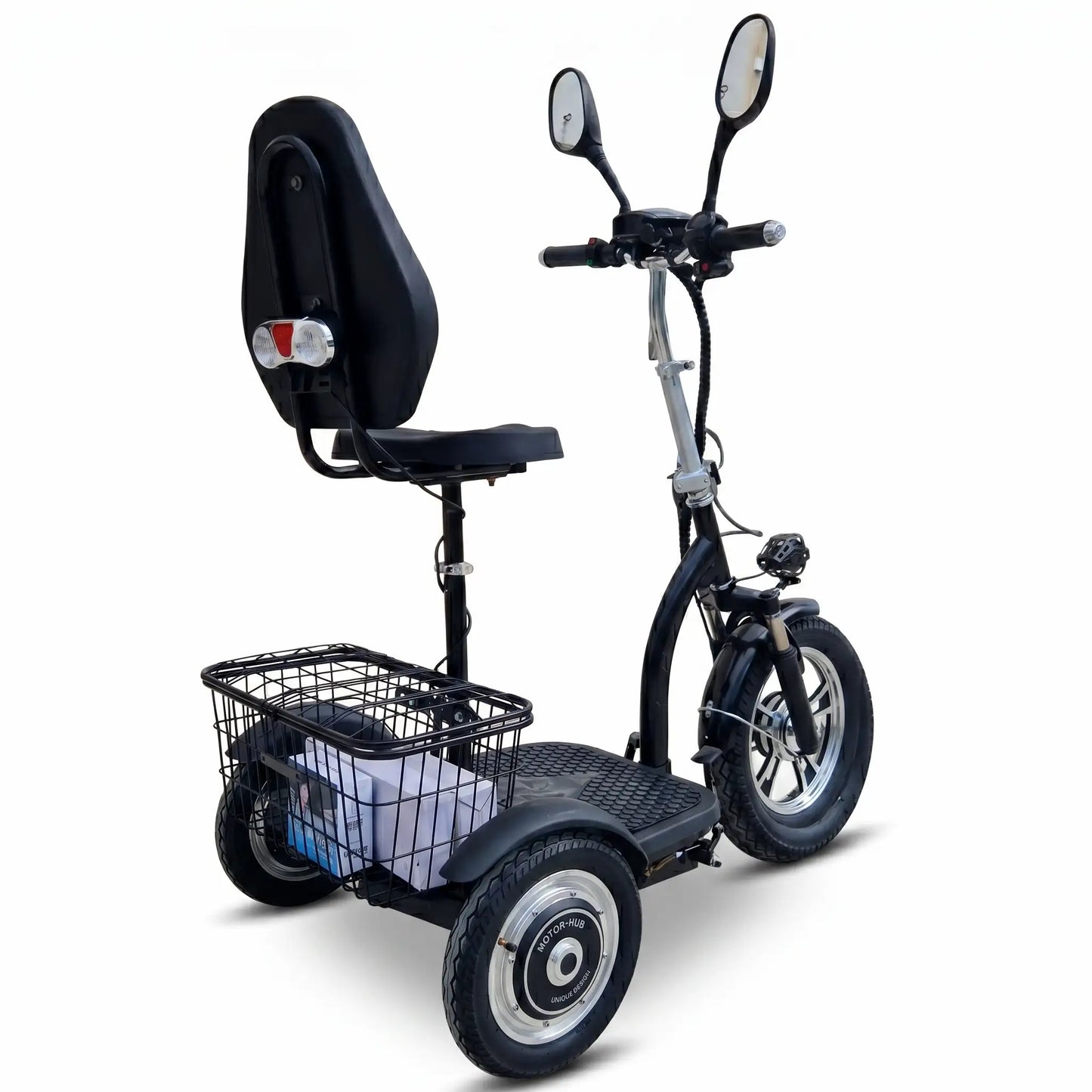 Vedere din lateral a tricicletei electrice model 200, ideală pentru deplasări zilnice sigure și mobilitate.